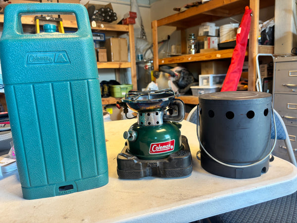 Coleman Model 502 Camp Stove with Plastic Case and Heat Drum