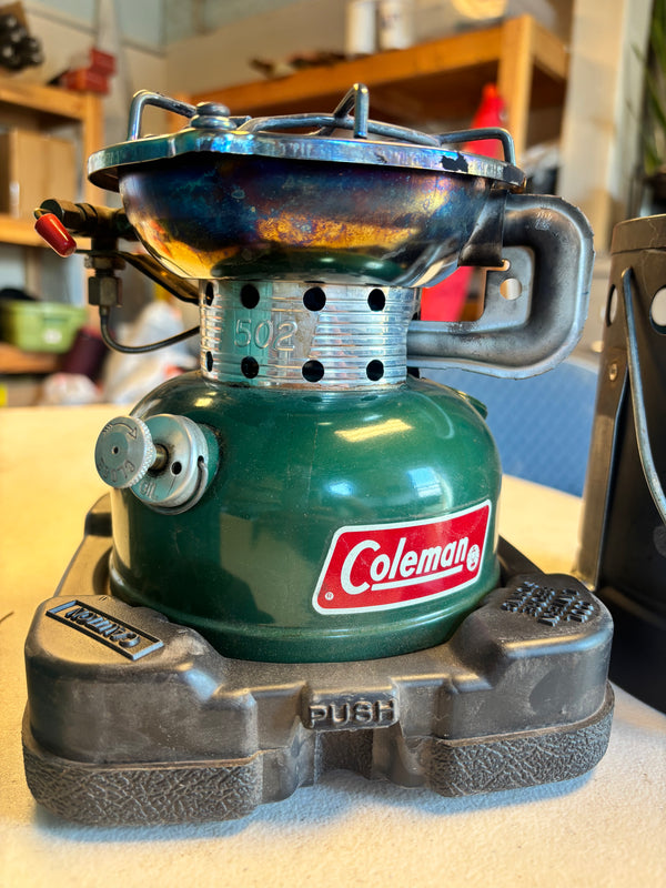 Coleman Model 502 Camp Stove with Plastic Case and Heat Drum