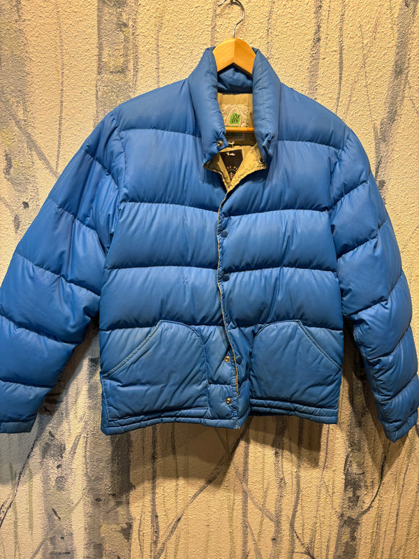 Sierra Designs Vintage Down Snap Button Puffy Coat Jacket Blue Mens